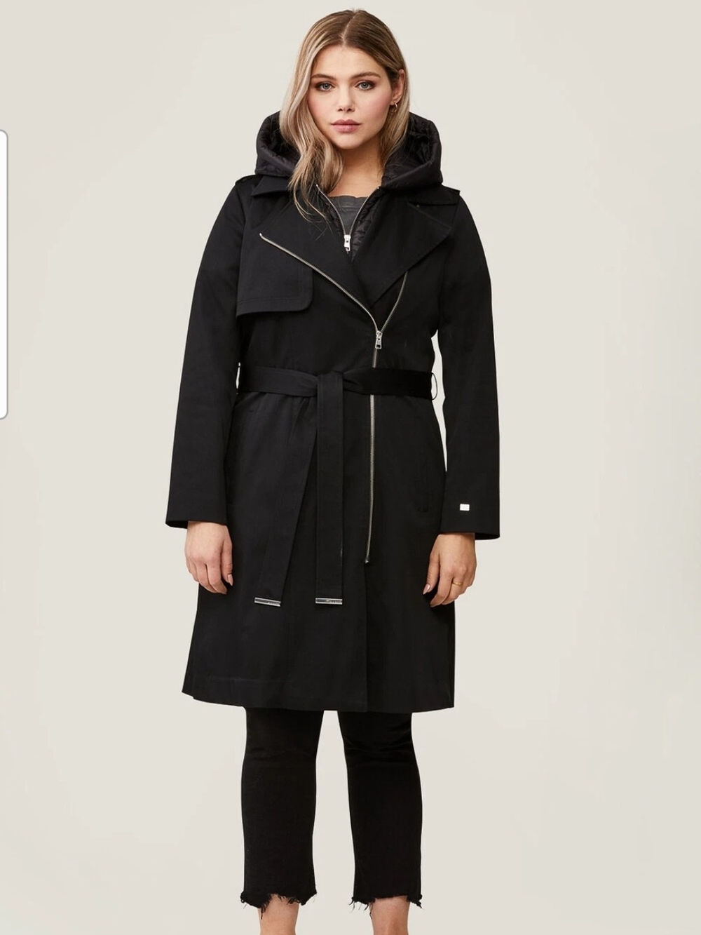 Womens Black Hooded Long Coat with Asymmetric Zip